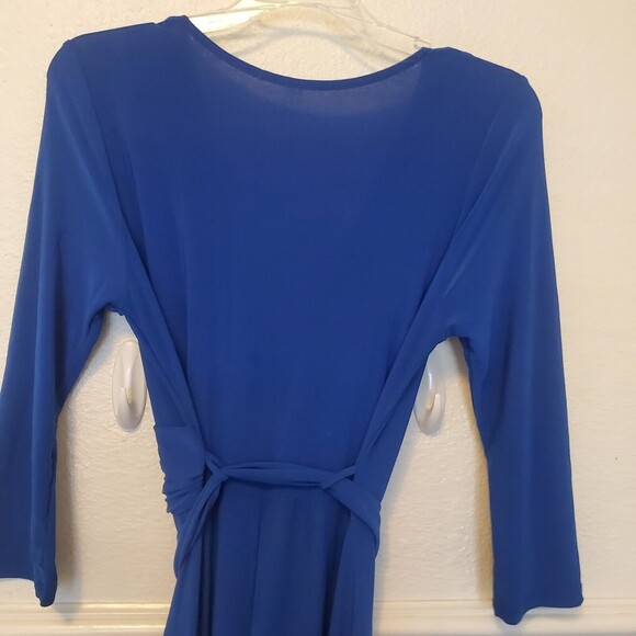 Janette Fashion Fake Wrap Blue Faux Wrap Jersey Knit Maxi Dress 3/4 Sleeve Med - Picture 8 of 16